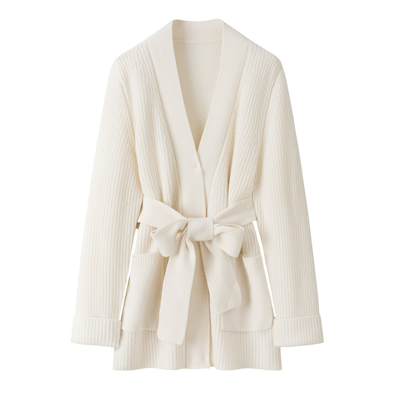 5-Pin Ingot Needle Cashmere Thickened Outerwear Minimalist Top Mid-Length Cuffed Edge Open Pocket Belt Cardigan for Women