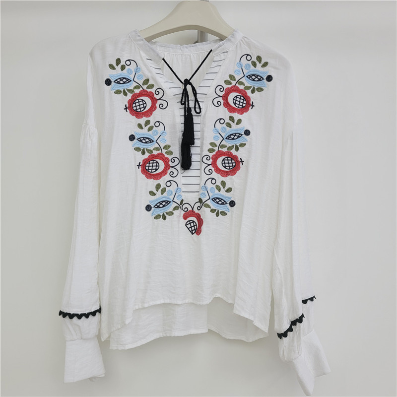 Camisa con Bordado para Mujer Poliéster Cuello V con Lazos