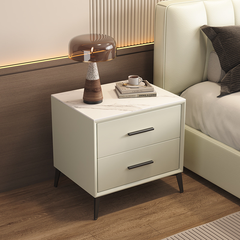 Modern Bedside Table with Leather Finish, Simple Small Solid Wood Bedside Cabinet for Home Bedroom Storage, Slate Coffee Table Cabinet, Minimalist