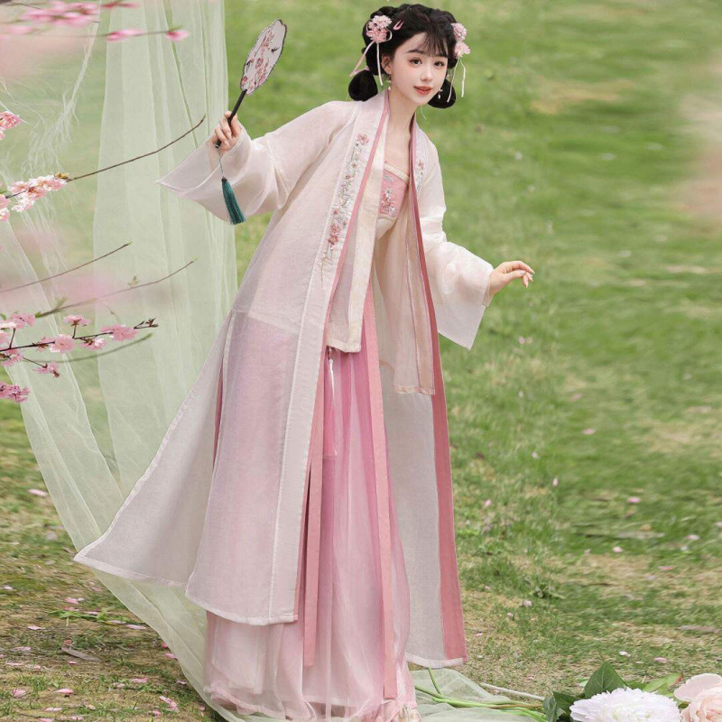 Pink Cherry Blossom Chinese Style Original Hanfu for Women, Tang-Style High-Waisted Gradient Embroidered Fairy-Like Skirt, Elegant Daily Wear, New Spring/Summer Collection