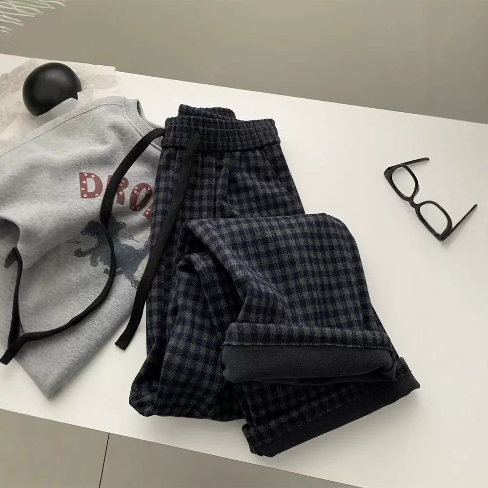 加绒加厚格子裤女宽松韩版直筒休闲裤冬季阔腿裤显瘦百搭学生长裤