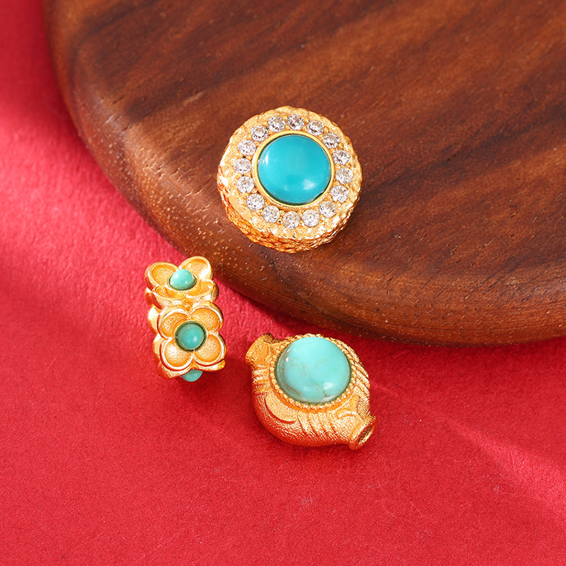 24K Gold-Plated Copper Inlaid with Natural Southern Red Agate and Turquoise Hollow Fish Beads, Ruyi Back Cloud DIY Bracelet Bead Spacer Accessories