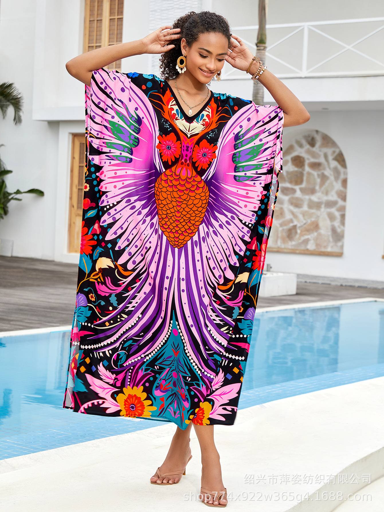 Camiseta de playa algodón impresa bohemia vestido vestido bat-mangas túnica bañador abrigo AT621