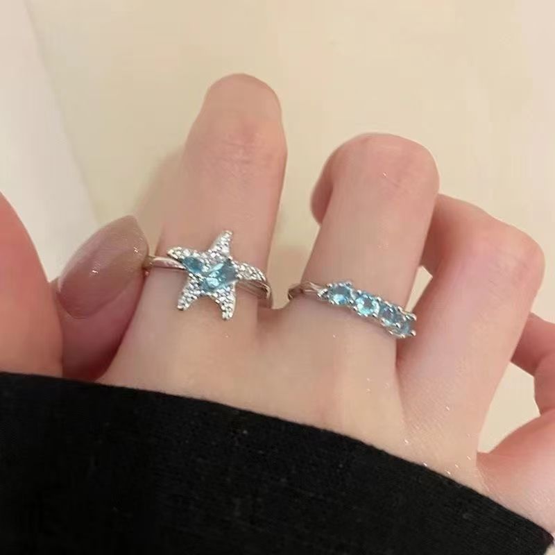 蓝色星星锆石戒指女轻奢小众高级感食指戒时尚个性叠戴可调节指环|undefined