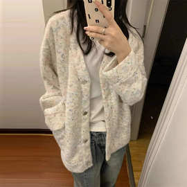V领长袖针织开衫毛衣女秋冬2024新款学院风宽松软糯外套上衣女装