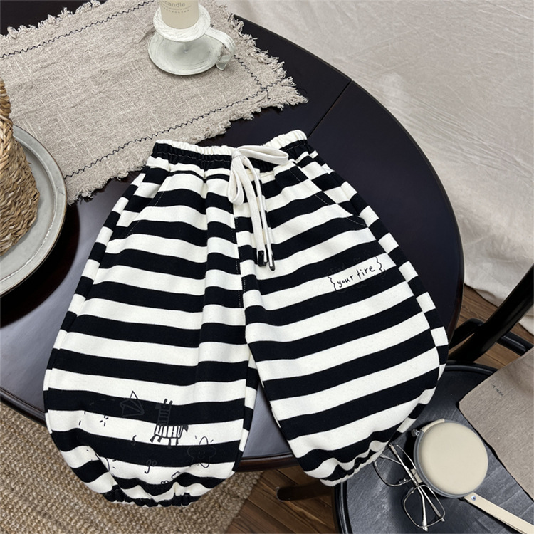 Pantaloni sportivi casual da bambino e bambina in stile occidentale, grandi pantaloni in PP per neonati, pantaloni larghi a righe in cotone per bambini_voghion.com