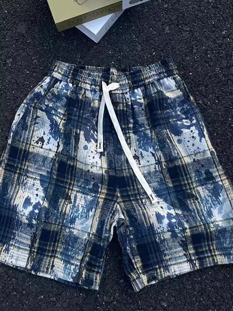 Herren Shorts Mit Karomuster Und Batik Design Vintage Style_voghion.com