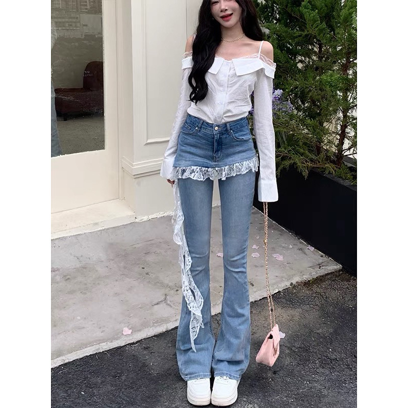 French Lace Fake Two-Piece Bootcut Jeans for Women Summer Elastic High-Waisted Slimming Horseshoe Long Pants