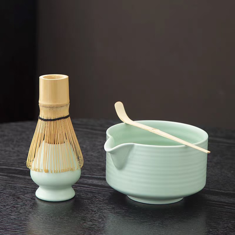 말차 세트 - 무광택 녹색 가로 줄무늬 - 선물 상자