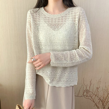 春夏新款镂空天丝亚麻罩衫女长袖宽松微透针织衫慵懒风松弛感上衣
