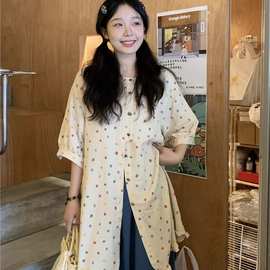 微胖mm大码女装温柔复古慵懒风彩色点点衬衫上衣女夏季