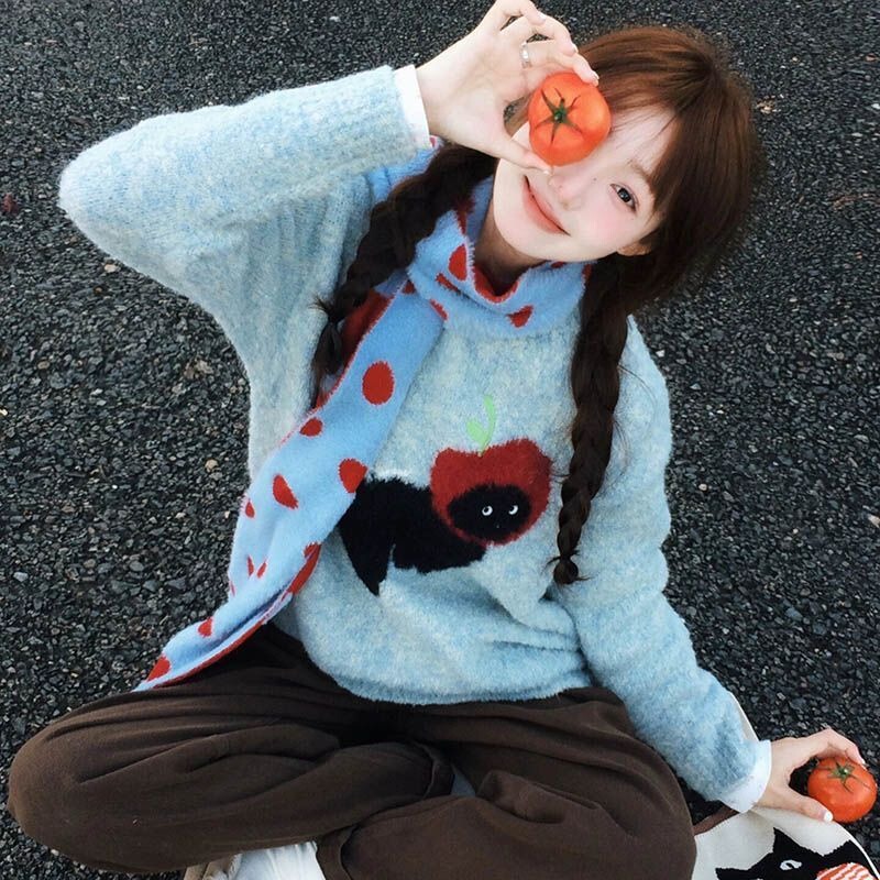 Sweet and Cute Apple Puppy Jacquard Christmas Knitwear for Female Students in Autumn and Winter Loose Preppy Style Blue Knitwear