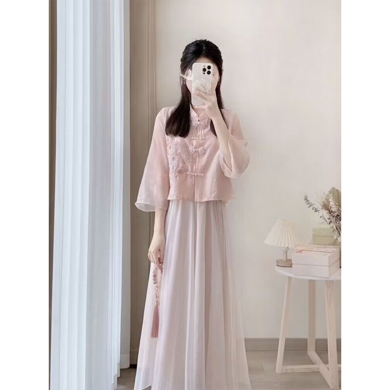 New Chinese Style Tang Style Pink dress Women's Spring 2024 New Style Small Modified Hanfu suit Skirt