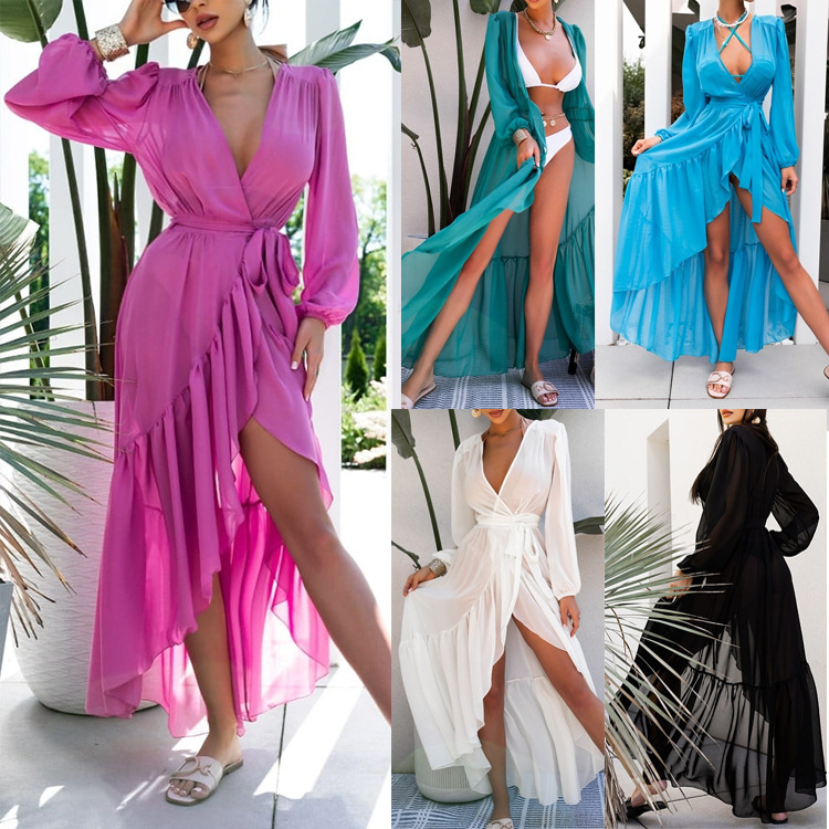 Cross-border Foreign Trade 2022 Amazon New European and American Style V-neck Bubble Sleeve Ruffled Cardigan Chiffon dress