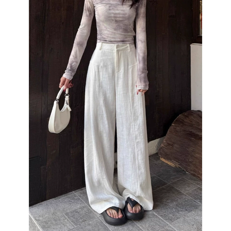 Белые широкие брюки для женщин, летние тонкие новые свободные драпированные повседневные брюки с высокой талией, высококачественные хлопчатобумажные льняные брюки в ленивом стиле.