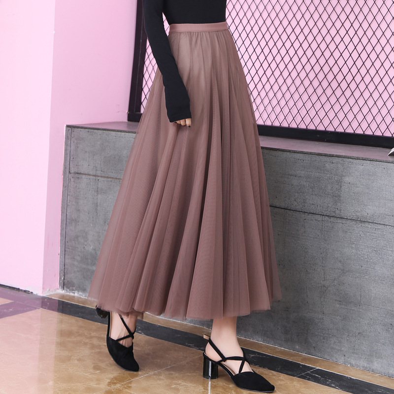 Three-Layer Large Hem Mesh Skirt Spring & Fall 2025 New High-Waisted Mid-Length Fairy Skirt Pleated Gauze Skirt A-Line Skirt
