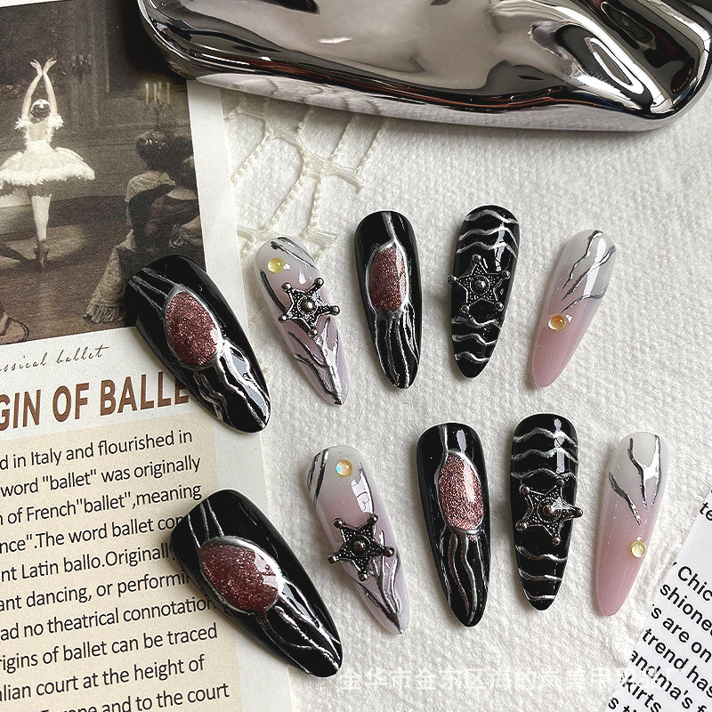 European and American hot girls hand-worn nail spray gun blush long nail patch flash personality wearable nail stickers