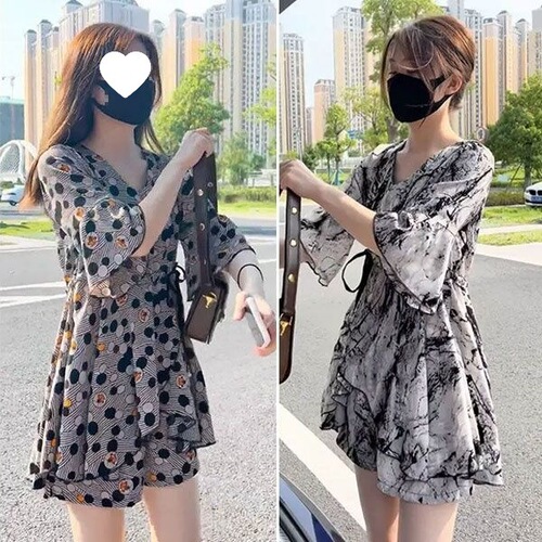 Summer chiffon set loose high-waist slimming stylish fashionable dress plus-size women's fat shorts two-piece set