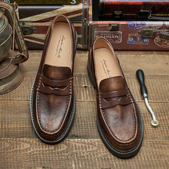 Summer genuine leather loafer men's soft-bottom casual leather shoes men's British style retro moccasin slip-on shoes for men