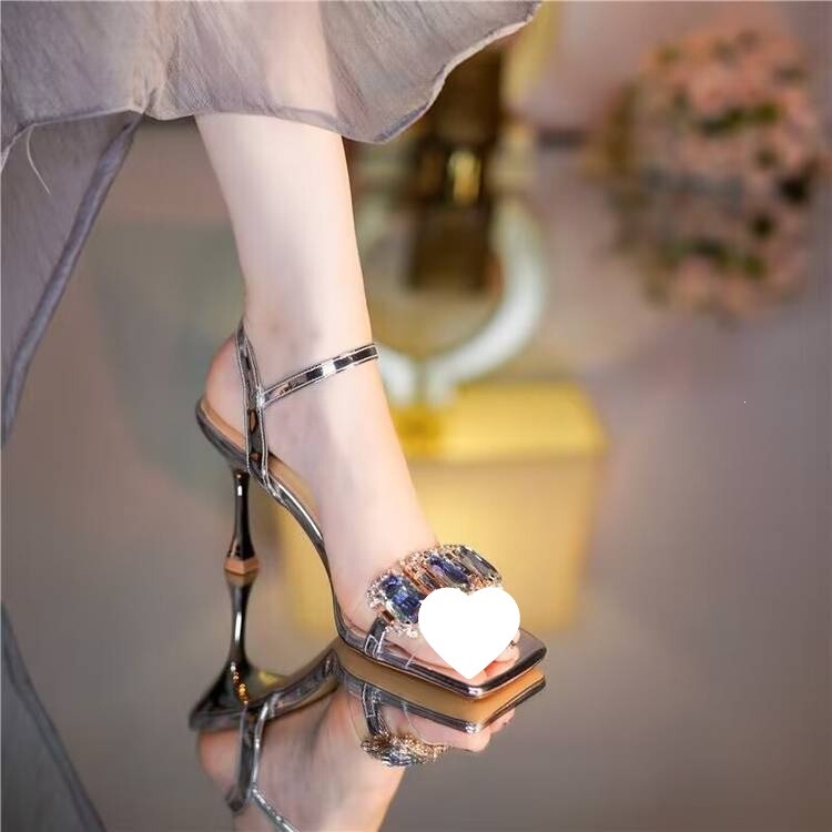 Gold Square-Toed Sandals with Rhinestones for Women, Open-Toe Sexy Sparkling High Heels, 2026 Summer New Fairy Style