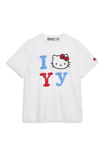 한국 Gaoding Open yy Joint Holle Kitty 인쇄 대조 짧은 소매 귀여운 느슨한 캐주얼 크루 넥