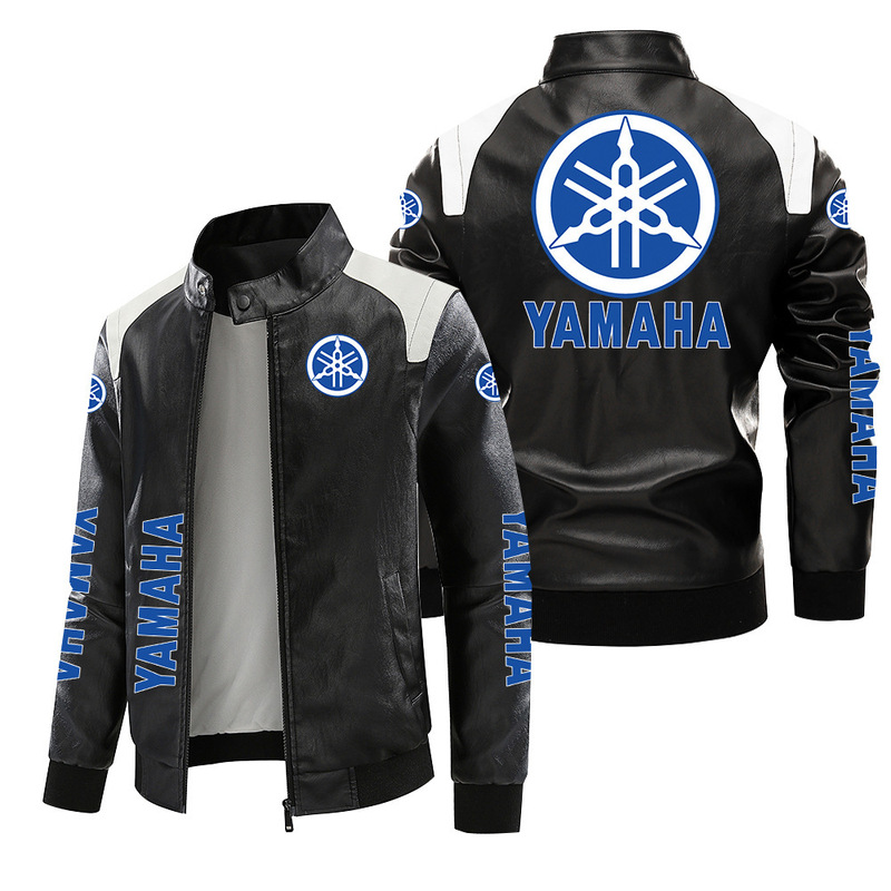 [European code fleece-lined] cross-border Yamaha locomotive standard leather plus size printed autumn and winter jacket pu high-end men's clip