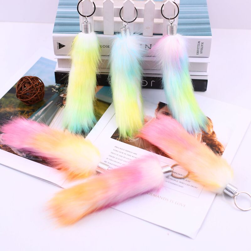 Cute fun colorful imitation fox fur tail pendant color fur tail soft fluffy plush tail keychain wholesale