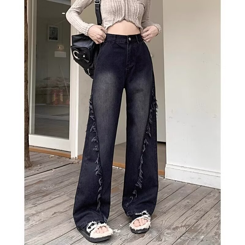 Black mid-waist straight jeans for women Spring and Autumn New plus size chubby girl loose slimming pear-shaped wide-leg pants