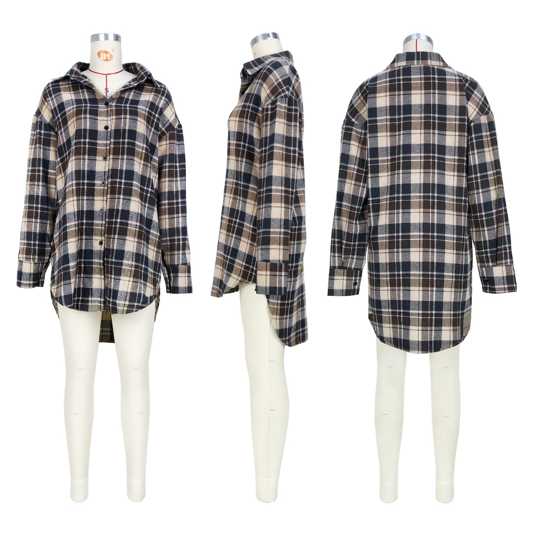 Women Clothing Comfortable Cotton Plaid Coat Shirt Dress