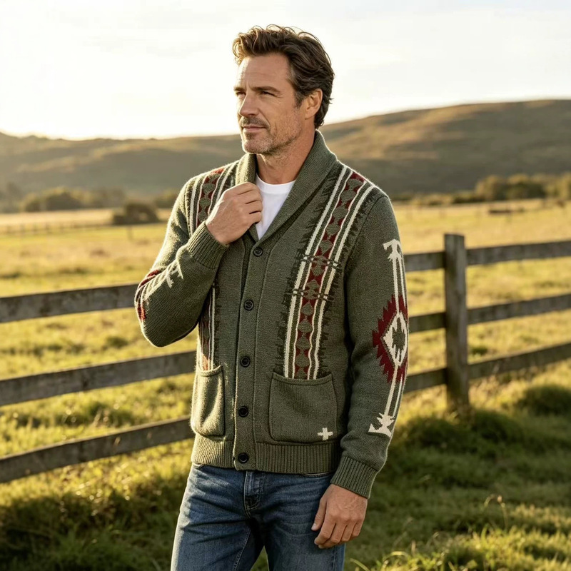 Cross-border European and American autumn and winter wool blend vintage western ethnic style jacquard cardigan with shawl collar knitted sweater jacket