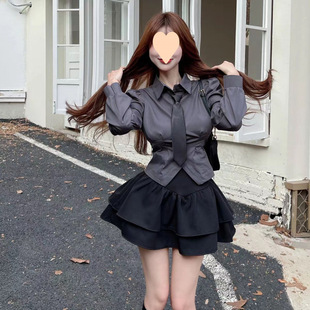 Grey Collar Shirt Top Long-sleeved Shirt Women's Autumn High Waist Puffy Skirt Slimming Short Skirt suit