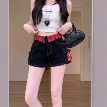 美式hellokitty刺绣辣妹牛仔短裤女夏季设计感格纹拼接包臀热裤子