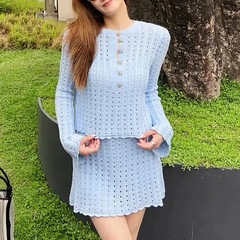 2025早秋新款长袖夏季白色镂空时尚法式针织气质小香风套装女2085