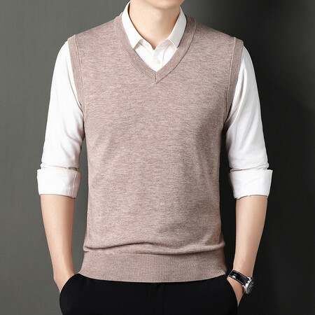 Autumn and Winter Men's 100% Wool Vest, Fashionable Solid Color Knitted Men's V-Neck Base Shirt, Sleeveless Vest Sweater