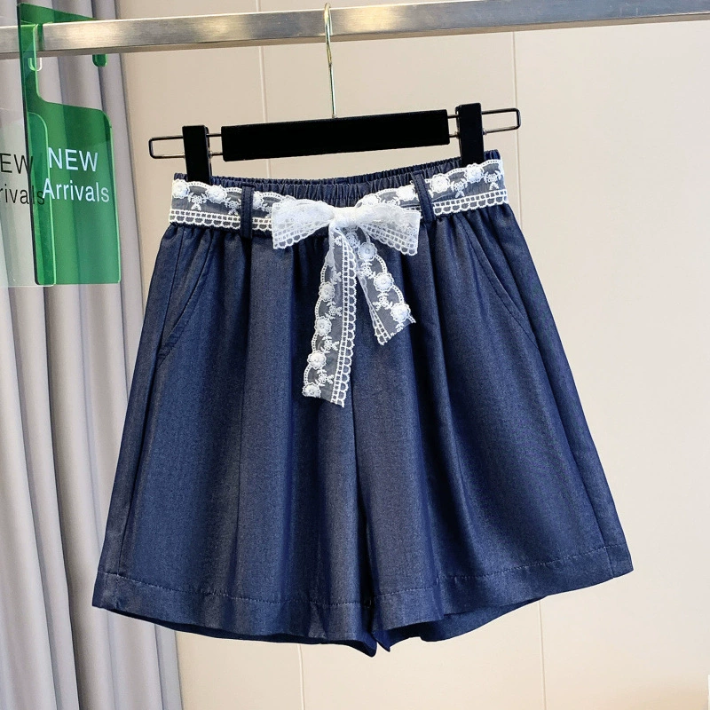 Широкие свободные шорты из денима Tencel большого размера 2025 года с эластичной талией, универсальные, повседневные, с кружевным поясом