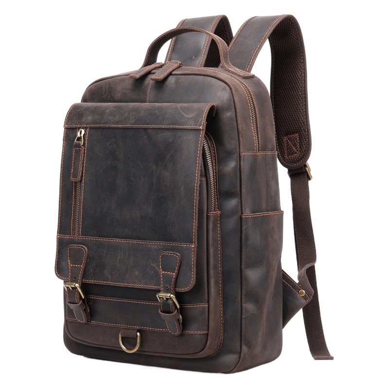 Mochila de computadora de viaje de negocios de primera capa de piel de vaca de gran capacidad mochila retro europea y americana mochila de cuero de Caballo Loco transfronterizo