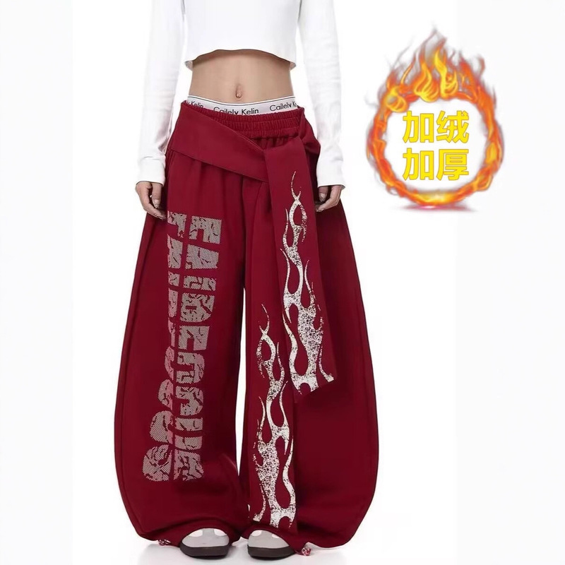 Cross-Border American-Style Straight-Leg Sweatpants with Fleece, Fashionable Design, Trendy Lettering, Floor-Length, High-Waisted, Drapey Wide-Leg