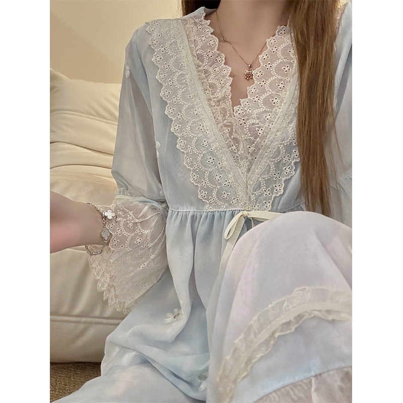 甜美少女蕾丝拼接网纱睡衣女夏季薄款大码亲肤长袖长裤家居服套装|undefined