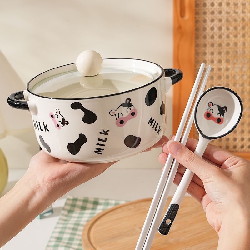 Cute Large-Capacity Ceramic Noodle Bowl with Double Handles and Lid, Suitable for One Person, for Students and Home Use, Also Suitable for Snail Noodle Soup Cute Large-Capacity Ceramic Noodle Bowl with Double Handles and Lid, Suitable for One Person, for Students and Home Use, Also Suitable for Snail Noodle Soup
