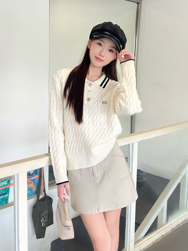 高定L*O家学院风polo领长袖绞花针织衫女修身显瘦套头毛衣上衣|undefined