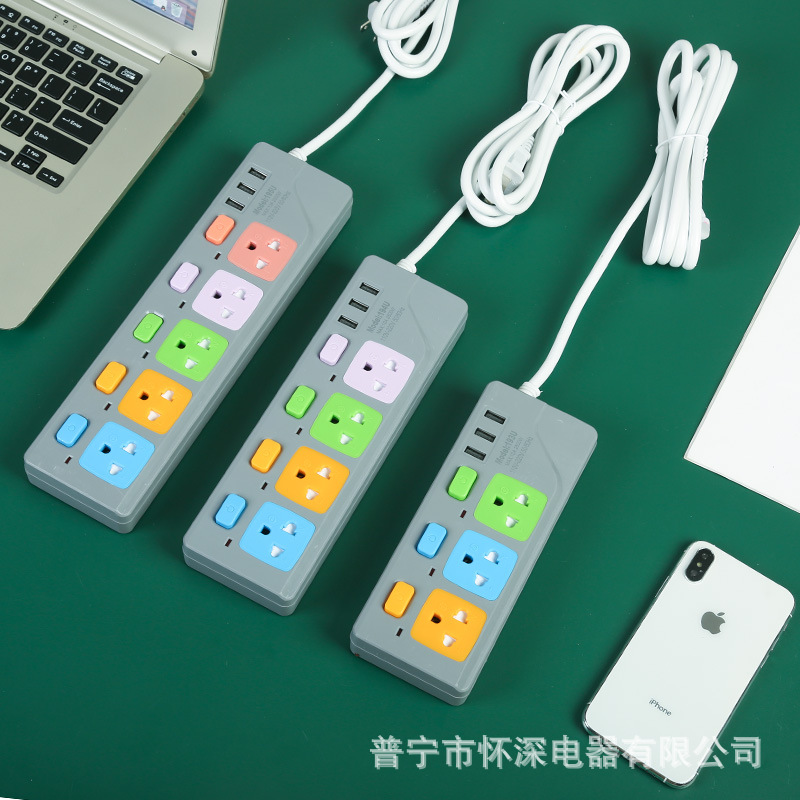 usb插线板外贸排插泰国圆插193u194u195u3孔灰白色家用办公插座