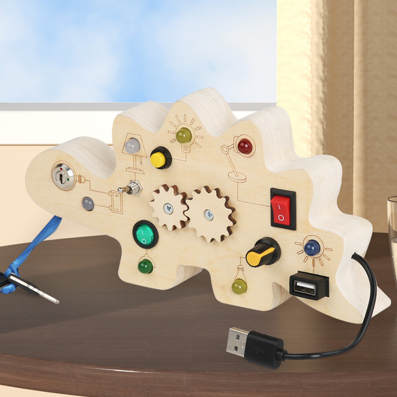Juguetes educativos transfronterizos para niños, tablero de actividades de madera con interruptores, enchufes, circuitos, luces LED, juguetes de madera prácticos