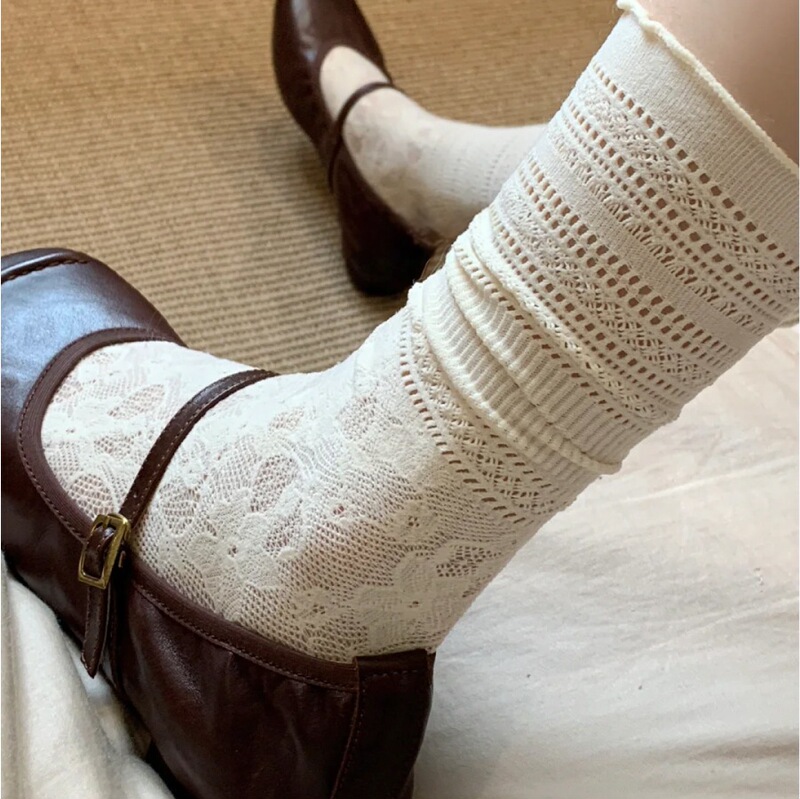 Retro Lace White Women's Summer Thin Mid-Calf with Small Leather Shoes Ballet Style Miu Lace Breathable Pile Socks