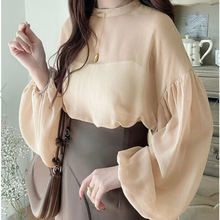 春秋季日韩乐天新款日系假两件宽松百搭衬衫女透纱网上衣衬衣
