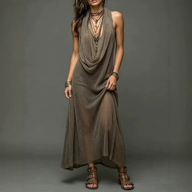 2026 European and American Independent Website Bohemian Beach Vacation Halter Neck Knitted Strap Dress Long Dress Two-Piece Set