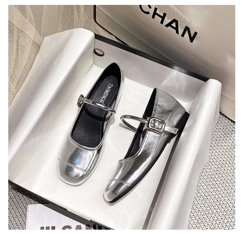 Giày Mary Jane nữ mũi vuông miệng nông, đế bằng mềm, gót trong 3–6 cm — Bạc (kiểu đế bệt), Bạc (tăng bên trong), Màu trắng (kiểu đế bằng), Màu trắng (tăng bên trong) chi tiết 28