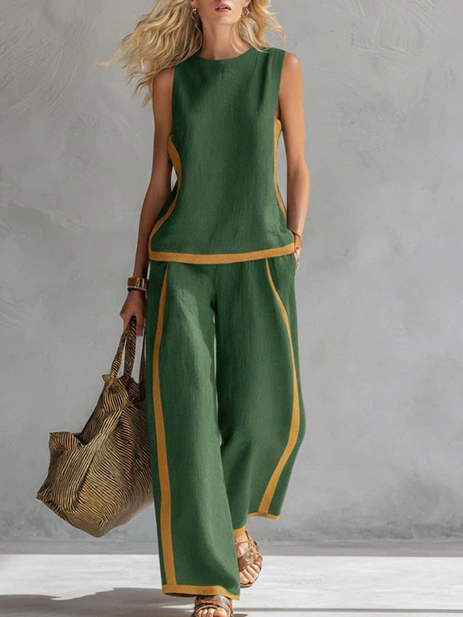 Women's Color-Block Wide-Leg Jumpsuit Casual Summer Two-Piece Set Sleeveless Comfortable Lounge Outfit with Contrast Trim_ecoleips.com