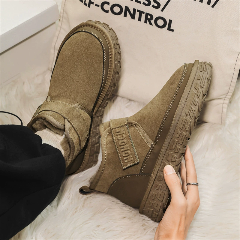 Шерстяные шины с толстым дном снежные сапоги мужские зимние новые бархатные теплые липучки кожаные шерстяные хлопчатобумажные сапоги