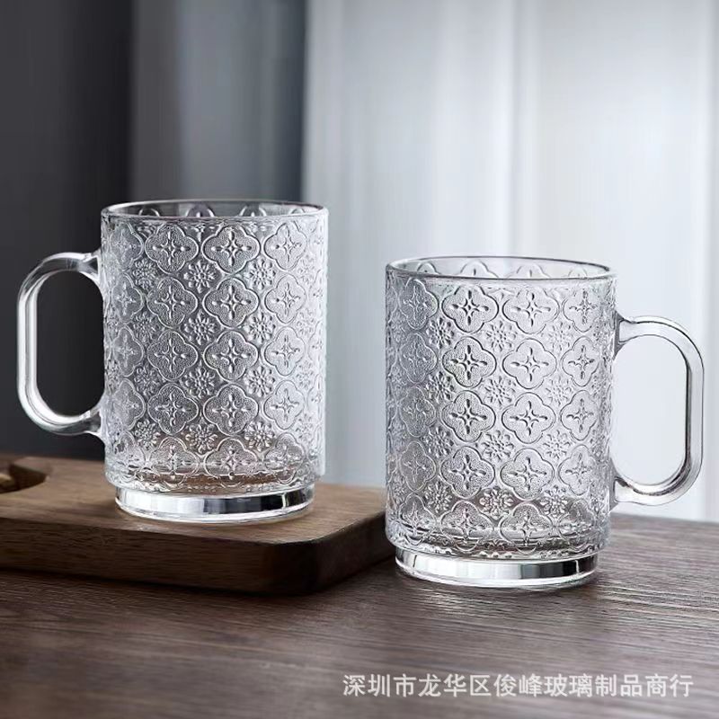 Chinese retro tea cup embossed glass cup with handle new thick high temperature resistant glass bubble Cup high color value water Cup