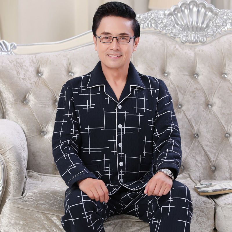 中老年睡衣男士春秋款夹层加厚纯棉长袖爸爸家居服套装可外穿|undefined